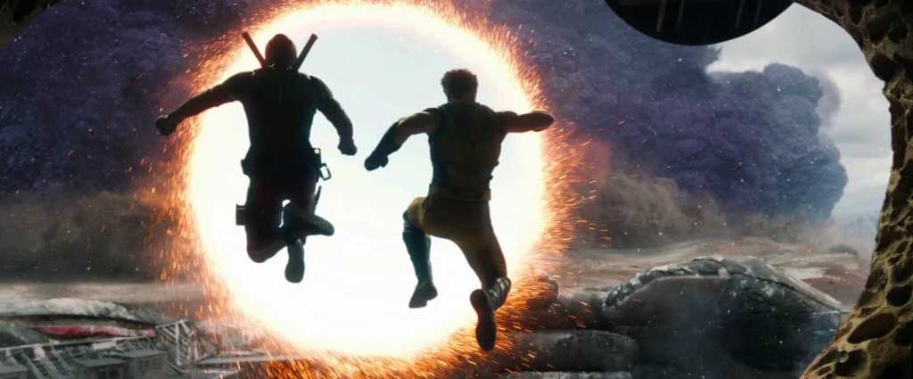 deadpool and wolverine jumping in the portal