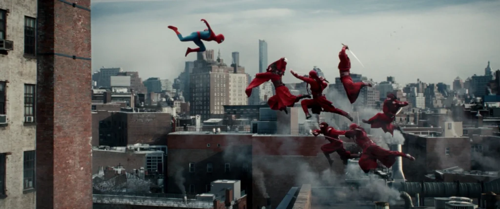 Marvel Scrubbed Four Characters From The Brand New Day Trailer — Here'S The Evidence 1 Spider-Man Leaping Toward A Group Of Red-Clad Hand Ninjas On A Rooftop Above A City Skyline