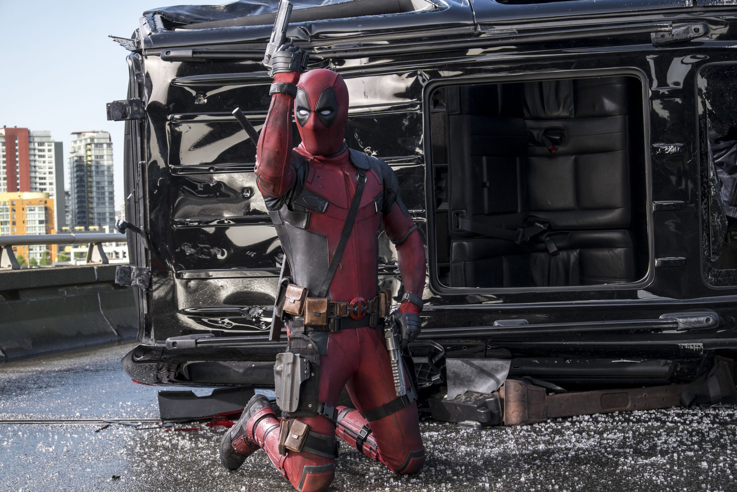 Deadpool (Ryan Reynolds) is armed and ready for battle (and his next quip)