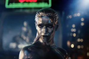 Extreme close-up of the Silver Surfer's metallic face showing his chrome-like reflective surface and stoic expression as Galactus's herald