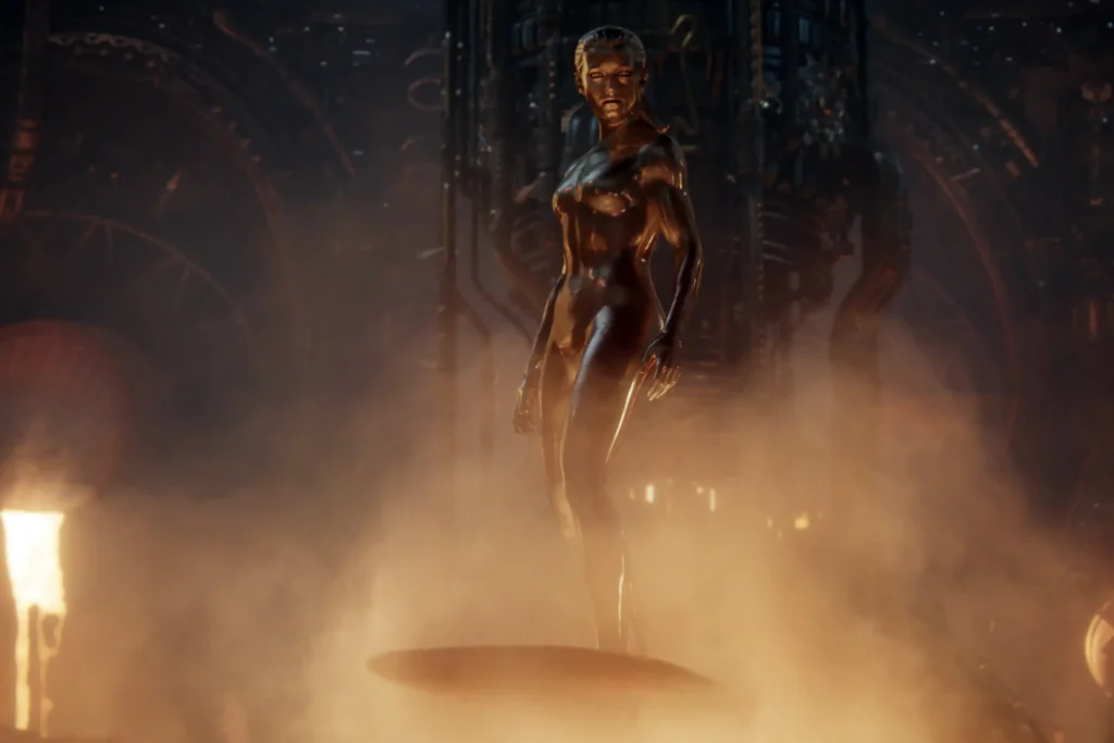 The Silver Surfer Hovers Majestically In A Cosmic Chamber With Golden Atmospheric Lighting, Displaying His Otherworldly Presence As Galactus'S Herald