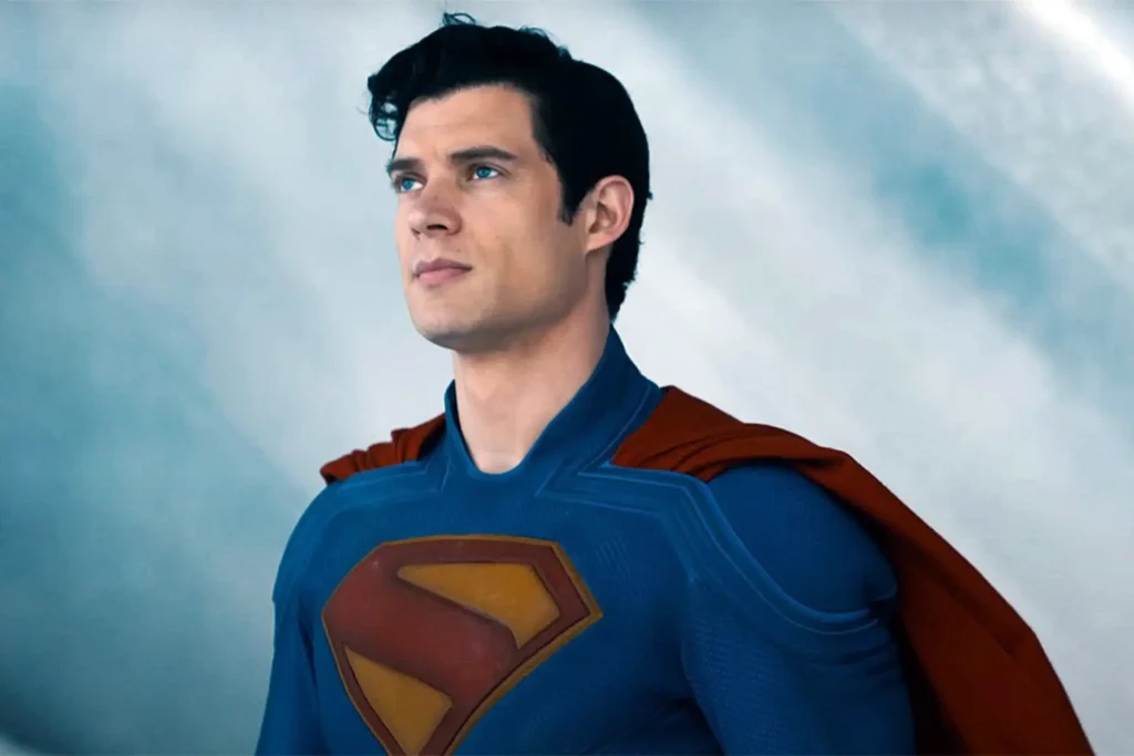 David Corenswet Superman heroic pose looking upward in costume from James Gunn DCU Superman 2025 movie