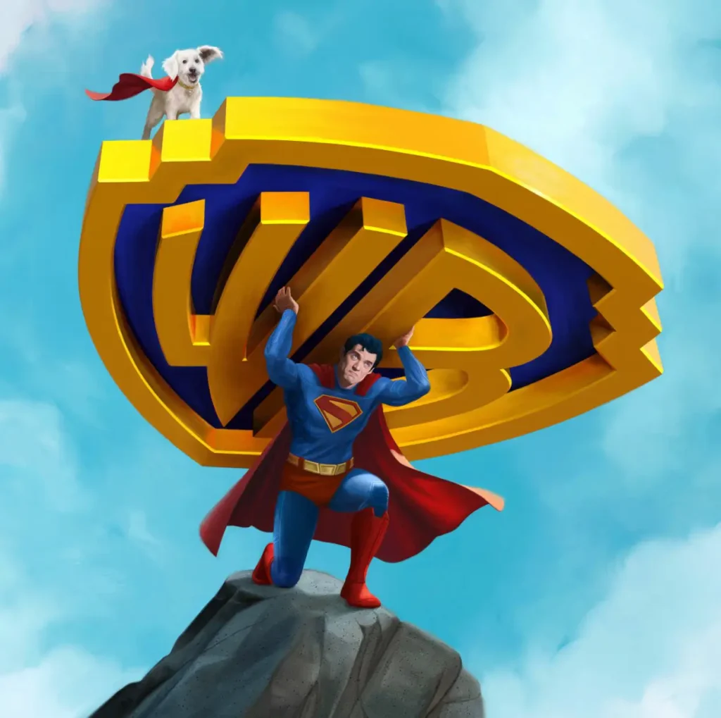 Superman Lifting The Iconic Warner Bros. Logo In A Heroic Pose, With His Loyal Dog Krypto Perched On Top.