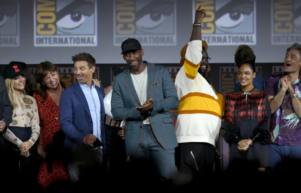 Florence Pugh, Cate Shortland, Jeremy Renner, Mahershala Ali, Brian Tyree Henry, Tessa Thompson And Taika Waititi Speak At The Marvel Studios Panel During 2019 Comic-Con International At San Diego Convention Center On July 20, 2019 In San Diego, California.