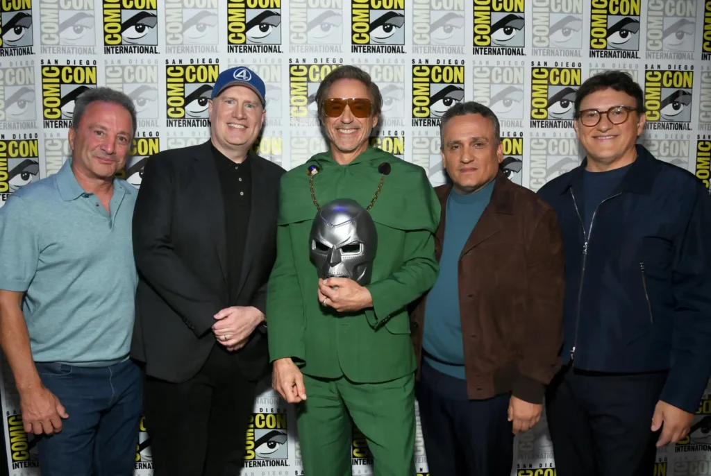 Louis D'Esposito, Co-President, Marvel Studios, Kevin Feige, President, Marvel Studios, Robert Downey Jr., Joe Russo and Anthony Russo attend the Marvel Studios Panel in Hall H at SDCC in San Diego
