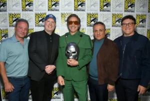 Louis D'Esposito, Co-President, Marvel Studios, Kevin Feige, President, Marvel Studios, Robert Downey Jr., Joe Russo and Anthony Russo attend the Marvel Studios Panel in Hall H at SDCC in San Diego