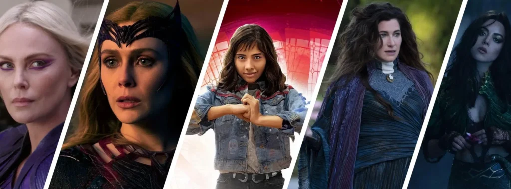 photo collage of marvel ladies clea, wanda, america chavez, agatha, and lady death