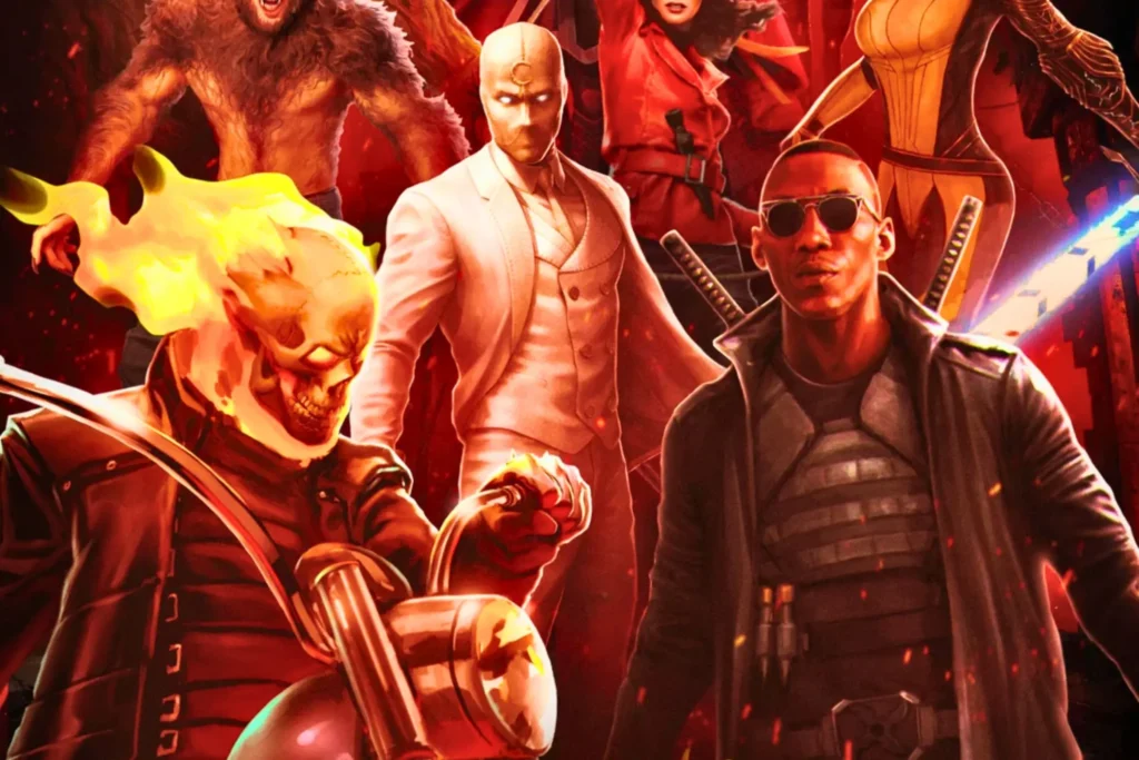 A fan-made Marvel poster for a "Midnight Suns" movie featuring a group of supernatural characters in a red and black color scheme. Prominently featured are a flaming-skulled Ghost Rider on a motorcycle and Blade in the foreground, with Doctor Strange and Scarlet Witch (Wanda Maximoff) in the background. Other visible characters include Man-Thing, a figure resembling Werewolf by Night, a character similar to Moon Knight in a white suit, and a woman who appears to be Elsa Bloodstone or Magik. The text at the bottom reads "MARVEL STUDIOS MIDNIGHT SUNS."