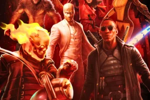 A fan-made Marvel poster for a "Midnight Suns" movie featuring a group of supernatural characters in a red and black color scheme. Prominently featured are a flaming-skulled Ghost Rider on a motorcycle and Blade in the foreground, with Doctor Strange and Scarlet Witch (Wanda Maximoff) in the background. Other visible characters include Man-Thing, a figure resembling Werewolf by Night, a character similar to Moon Knight in a white suit, and a woman who appears to be Elsa Bloodstone or Magik. The text at the bottom reads "MARVEL STUDIOS MIDNIGHT SUNS."