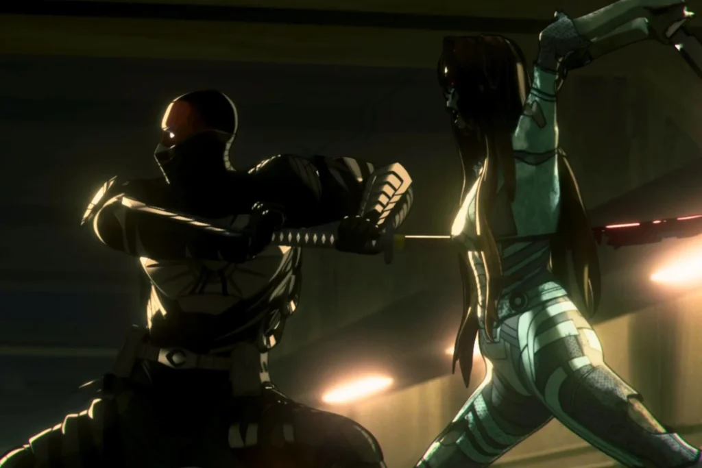 An Intense, Low-Lit Action Shot From The Marvel Zombies Animated Series, Featuring A Sword Fight Between Two Characters. On The Left Is Blade Knight (Eric Brooks, The New Avatar Of Khonshu) In A Black, Armored Suit With A Red Mask And Glowing Chest Symbol, Crouched And Wielding A Sword. On The Right, He Is Clashing Blades With A Zombified Ghost (Ava Starr), Who Is Wearing A White And Grey Suit And Wielding A Curved Blade. The Fight Takes Place In A Dark, Metallic Interior, Likely An Underground Base Or Hangar.