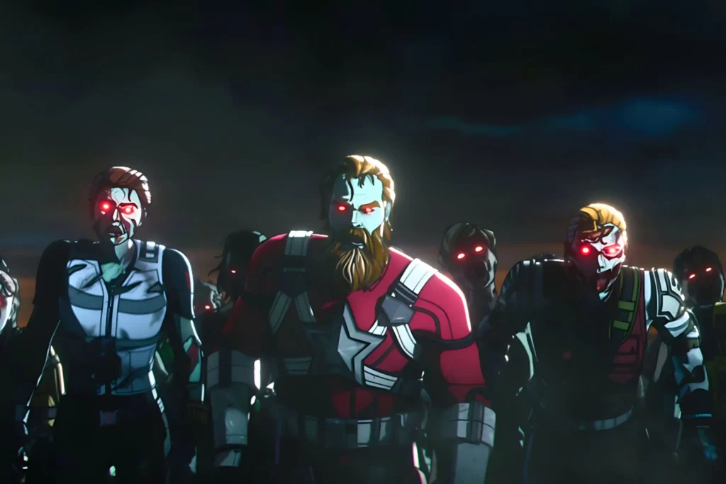A dark, dramatic animated scene from the Marvel Zombies series shows a horde of zombified heroes. Zombie Red Guardian (with a beard and a red suit resembling a version of his uniform) is prominent and slightly in the foreground, flanked by numerous other zombies with glowing red eyes, against a dark, cloudy night sky. The image captures the chilling, ominous look of the infected heroes.