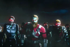 A dark, dramatic animated scene from the Marvel Zombies series shows a horde of zombified heroes. Zombie Red Guardian (with a beard and a red suit resembling a version of his uniform) is prominent and slightly in the foreground, flanked by numerous other zombies with glowing red eyes, against a dark, cloudy night sky. The image captures the chilling, ominous look of the infected heroes.