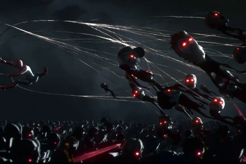 A Dark, Intense Animated Action Shot From The Marvel Zombies Series Shows Spider-Man Swinging Through The Air, His Webs Slicing The Heads Off A Swarm Of Airborne Zombies. The Ground Is Covered With A Horde Of More Zombies Whose Eyes Glow Bright Red, While Spider-Man, Dressed In His Classic Suit, Is In Mid-Air, Utilizing His Webs As Razor Wires Against The Undead.