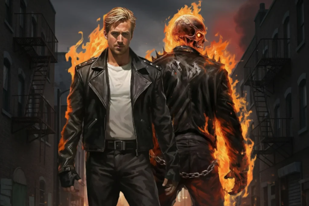 Ryan Gosling as Ghost Rider standing in a dark, cracked alleyway. He is wearing a black leather jacket and jeans. Beside him, his flaming alter-ego, Ghost Rider, is shown from the back, with a skull engulfed in fire and chains hanging from his pants. The street and buildings are dark, with an ominous, stormy sky overhead.