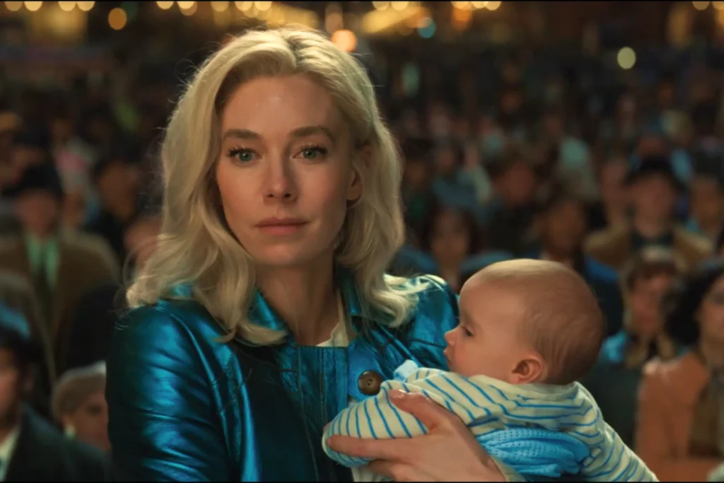 Vanessa Kirby As Sue Storm/Invisible Woman Holding A Baby In A Blue Satin Dress At A Public Event With Crowd In Background In The Fantastic Four: First Steps
