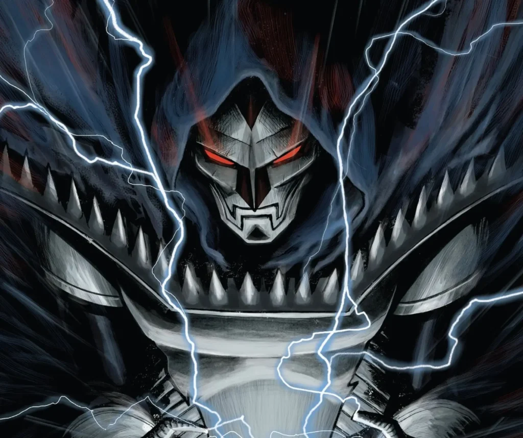 Doom 2099 in futuristic titanium battlesuit channeling electrical power with glowing red eyes and metallic mask, showing advanced nanotechnology capabilities