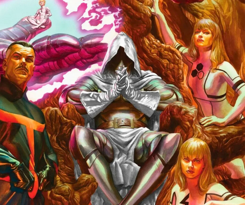 Doctor Doom seated in meditation pose wearing silver armor and hooded cloak, surrounded by cosmic energy and multiple figures including Doctor Strange, with dramatic orange and red otherworldly background
