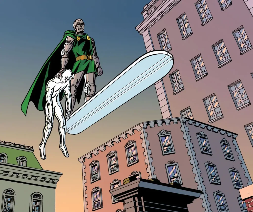 Doctor Doom riding Silver Surfer's cosmic surfboard over Latveria after stealing the Power Cosmic, depicting the iconic Fantastic Four #57-60 storyline