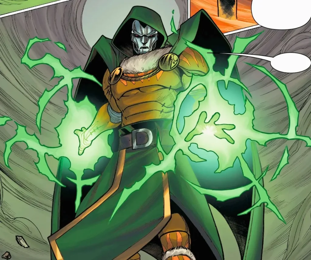 Doom Supreme in green hooded cloak channeling powerful mystical energy as multiversal threat