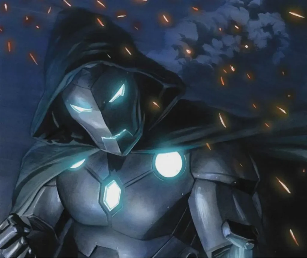 Doctor Doom as Infamous Iron Man wearing dark armor with cyan arc reactor and magical enhancements, combining Tony Stark's technology with sorcery from Brian Bendis 2016 series