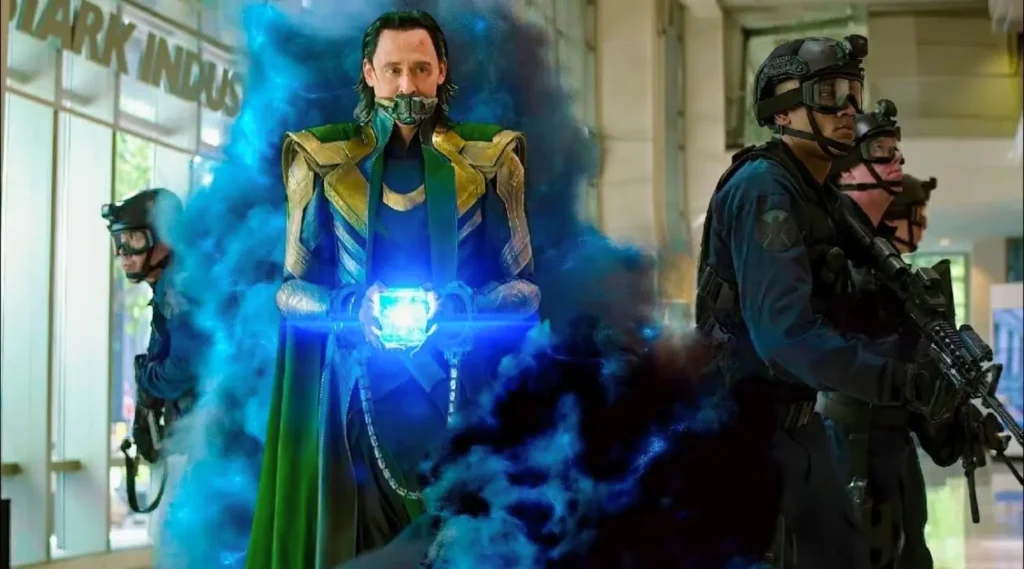 Loki grabbing the Tesseract during Time Heist in Avengers Endgame