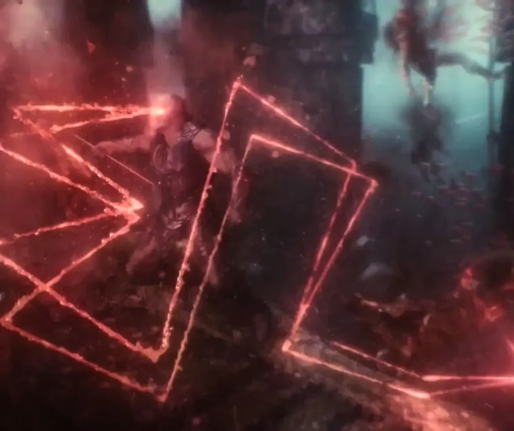 Character trapped within glowing red Omega symbol energy pattern showing reality-warping abilities