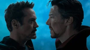 Tony Stark And Doctor Strange Facing Each Other In Tense Confrontation From Avengers Infinity War