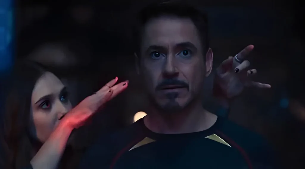 Scarlet Witch using mind powers on Tony Stark in Avengers Age of Ultron nightmare vision scene