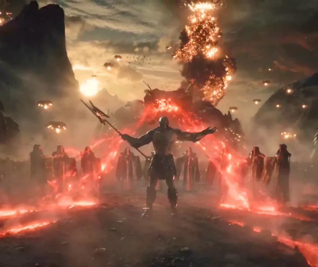 Steppenwolf commanding Apokolips army with red Omega beam energy and burning destruction