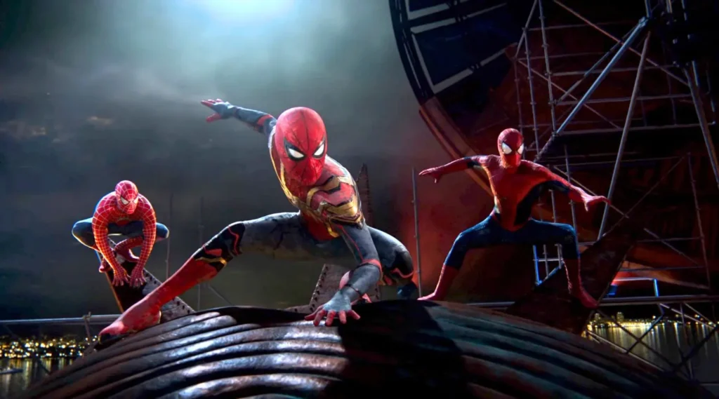 Three Spider-Men Tobey Maguire Andrew Garfield Tom Holland action No Way Home 2021 multiverse battle