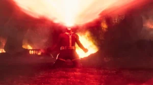 Cyclops screams and removes visor unleashing optic blast in Avengers Doomsday trailer with burning X-Mansion and Sentinel behind him