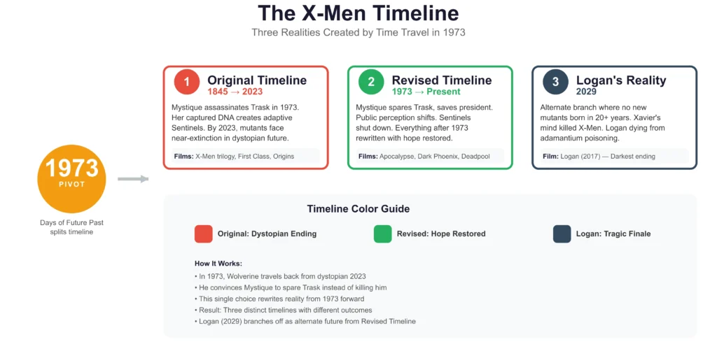 X-Men Timeline Diagram Showing Original Timeline, Revised Timeline After Days Of Future Past, And Logan'S Alternate Reality