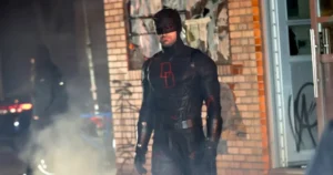 Charlie Cox As Daredevil In Black Suit With Dd Emblem In Born Again Season 2 On Disney Plus