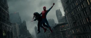Spider-Man Swings Through A Stormy New York City Skyline Carrying A Civilian In Spider-Man: Brand New Day